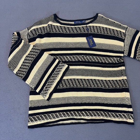 Polo Ralph Lauren Women's Med Sweater Striped Linen Cotton Knit Beige Bell Beach